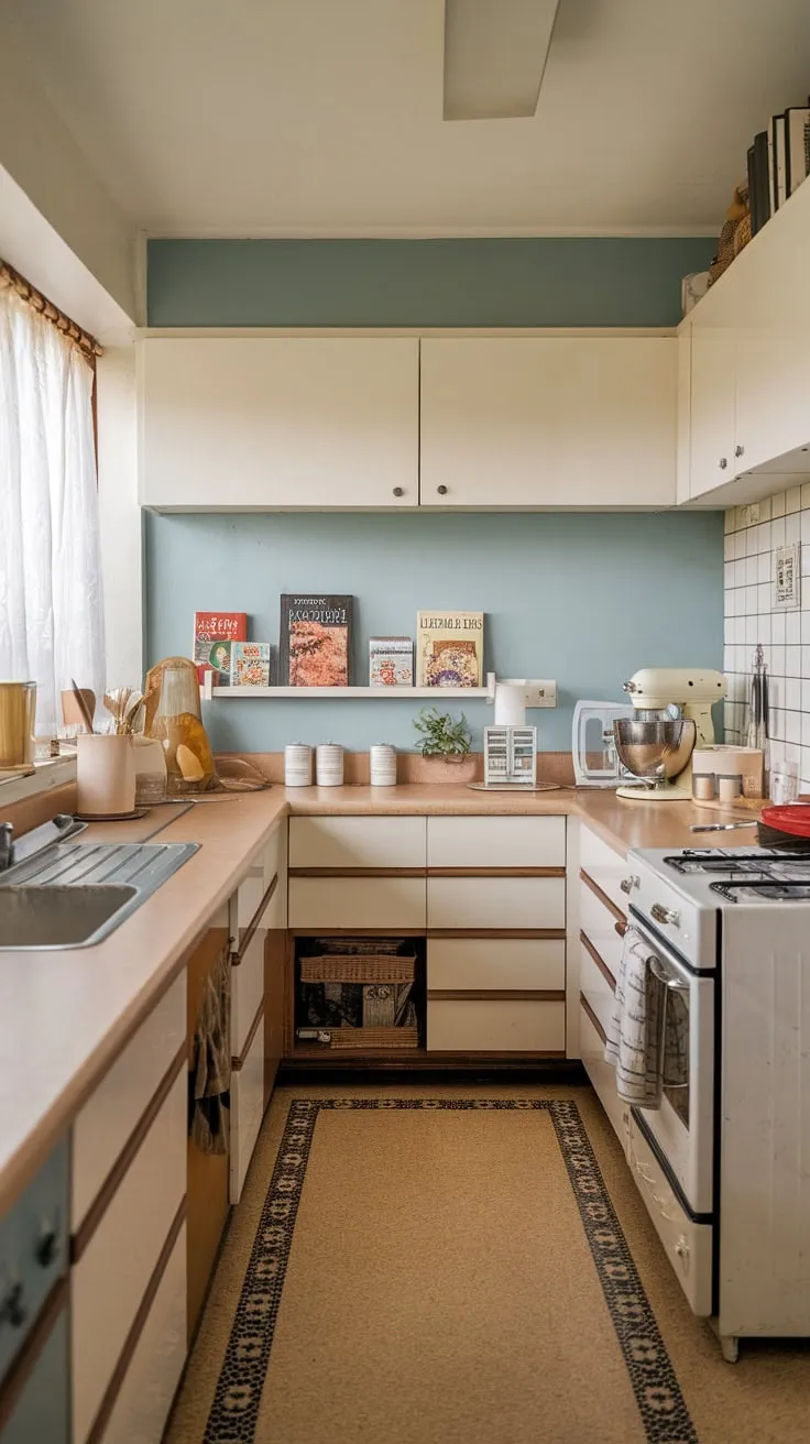 A retro mixer and cookbooks add personality to this mid-century modern kitchen's light blue and beige color scheme.