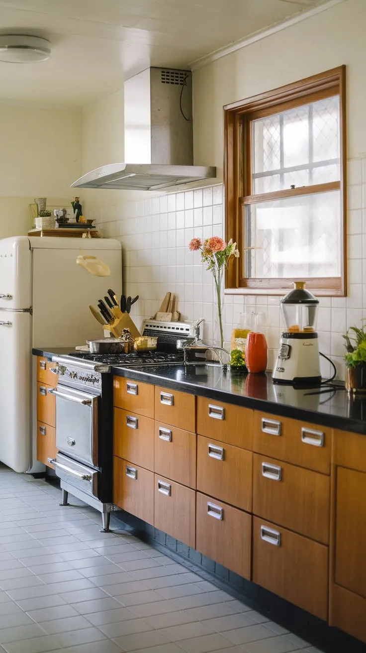 Warm wood cabinets, sleek black counters, and vintage appliances create a charming mid-century modern kitchen scene