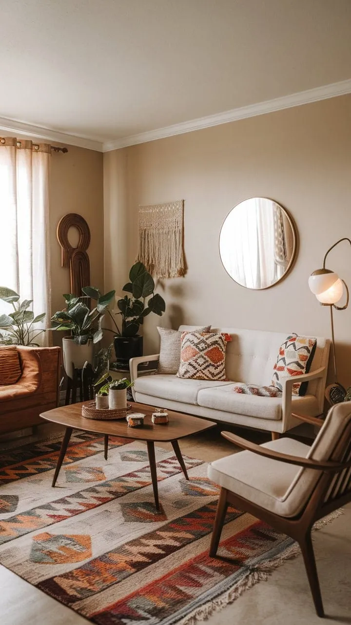 This inviting living room blends relaxed sophistication with bohemian flair, featuring a white sofa, mid-century modern accents, and vibrant textiles that invite you to unwind and be yourself.