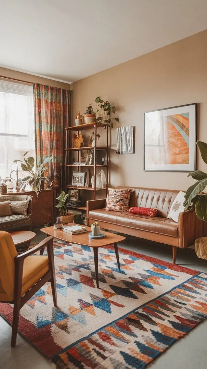 This eclectic living space blends warmth and mid-century charm with a vibrant rug and colorful accents, showcasing the beauty of thoughtful design.