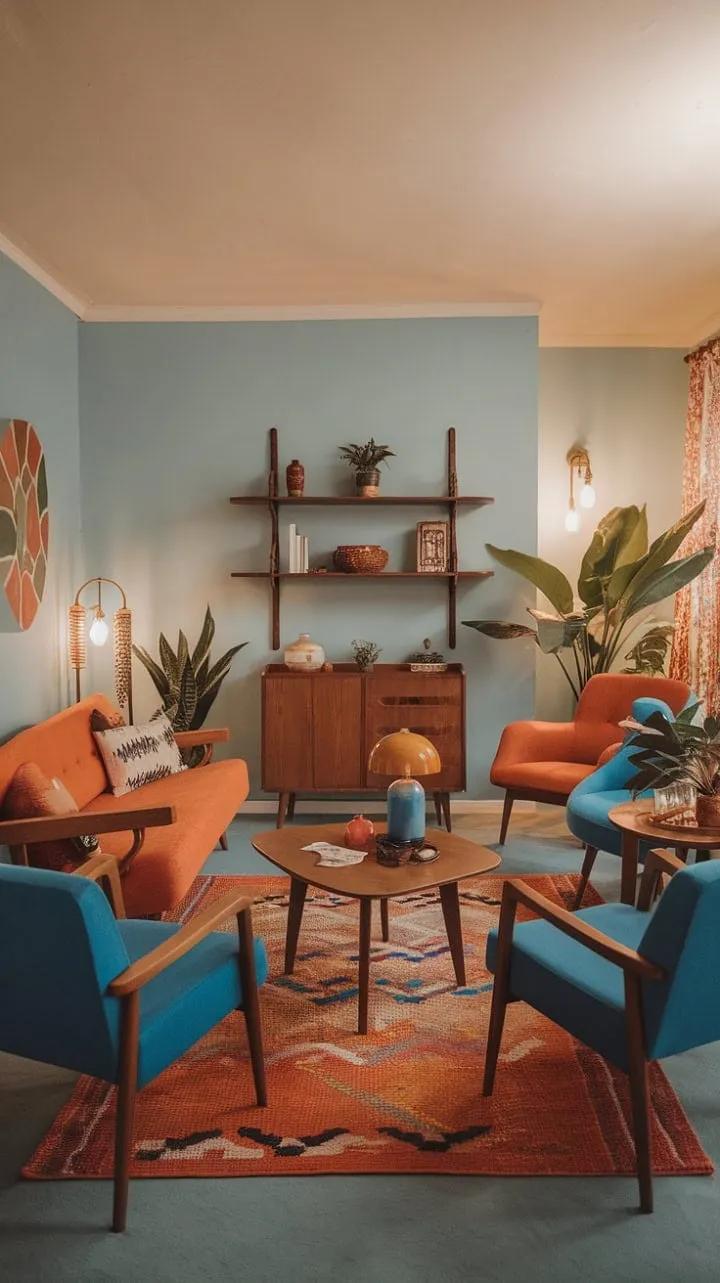 This bohemian mid-century retreat, adorned with a vibrant orange sofa and soothing blue walls, invites tranquility through its curated colors, textures, and warm lighting.