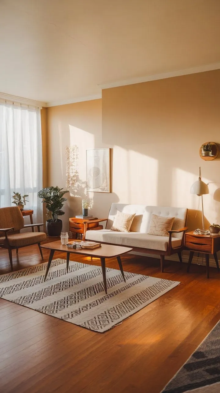 This mid-century modern living room is a serene sanctuary of timeless elegance, where a neutral palette harmonizes with rich wood tones and striking black and white accents.