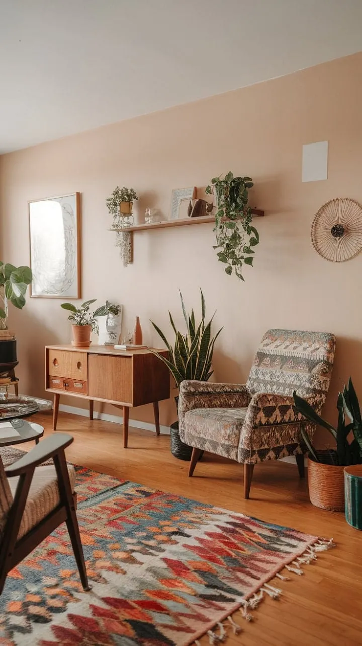 This living room artfully combines boho charm and mid-century elegance, featuring a vibrant rug and playful armchair that invite warmth and personality into a stylish space.