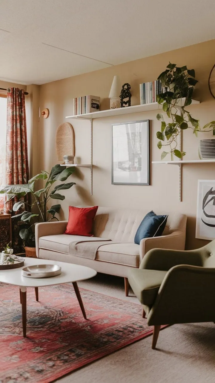 A sunlit mid-century modern living room exudes effortless elegance, where vibrant cushions and a patterned rug harmonize in a serene bohemian retreat.