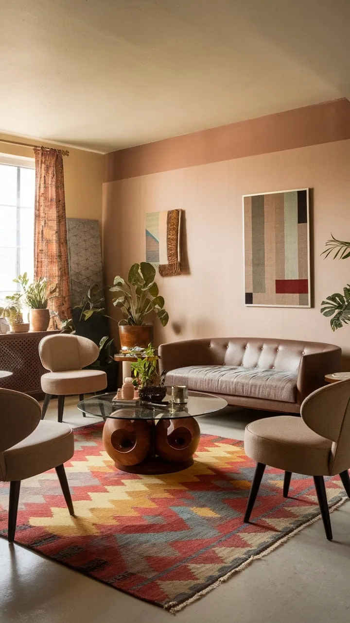 This living room masterfully fuses rustic charm and modern elegance, creating an inviting space that radiates warmth and personality.