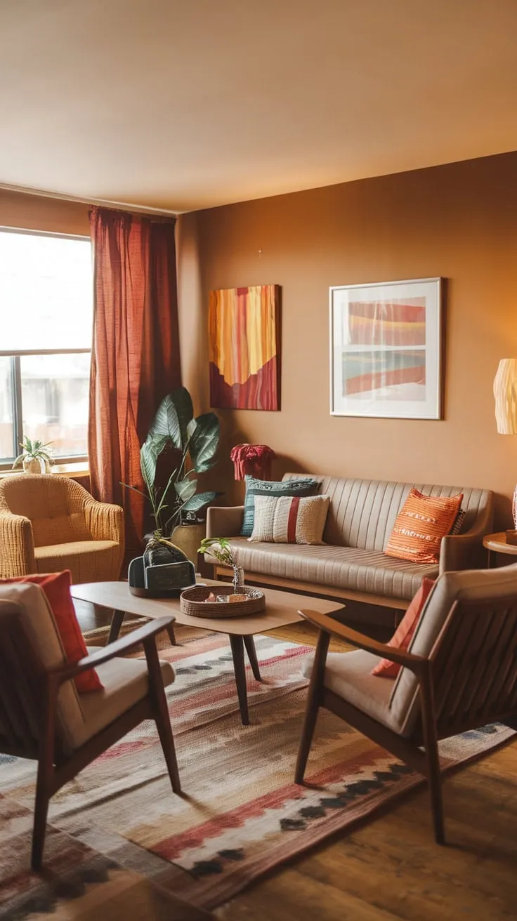 Earthy tones and mid-century modern furniture create a cozy, boho-chic living room atmosphere