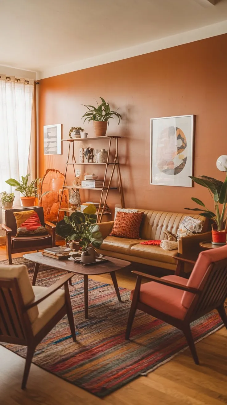 Warm orange walls and earthy tones create a vibrant mid-century modern living room infused with boho flair.