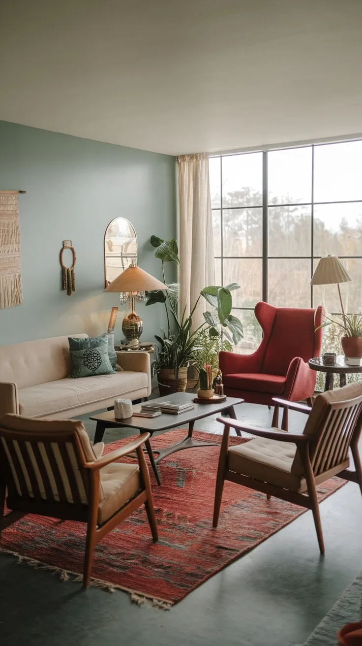 A serene mid-century modern living room, infused with boho charm, boasts a calming blue backdrop and pops of color against a backdrop of natural light and greenery.