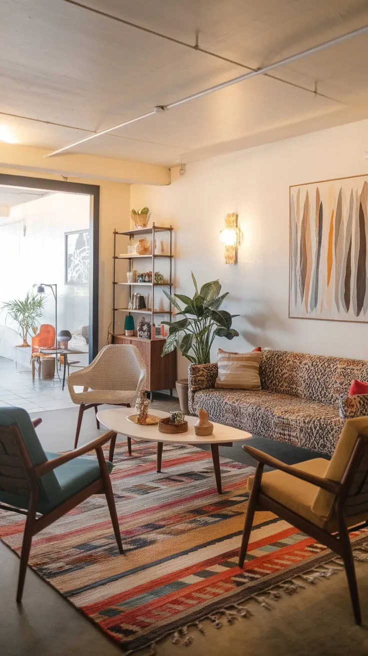 A colorful rug and patterned sofa create a welcoming mid-century modern living room with a touch of bohemian flair.