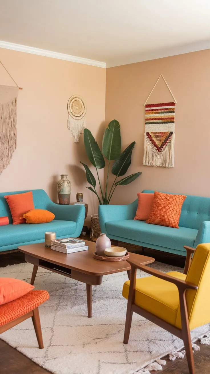 Vibrant turquoise, orange, and yellow furnishings create a lively mid-century modern living room with a boho flair.