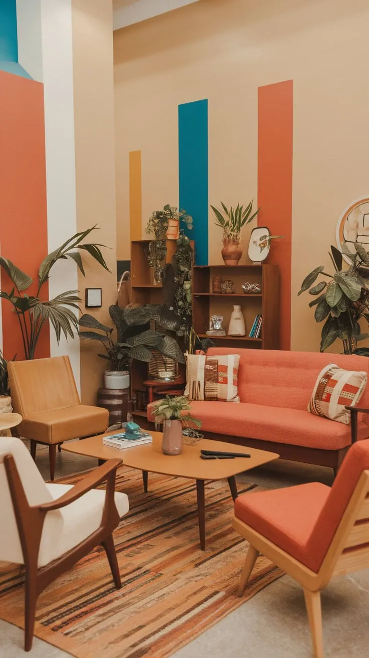 A mid-century modern living room blends earthy tones, vibrant pops of color, and abundant greenery for a relaxed boho atmosphere.