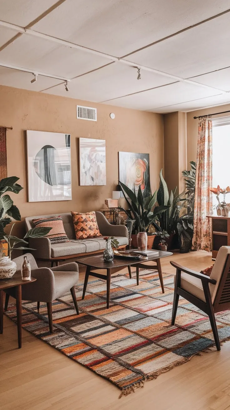 Vibrant patterns and earthy tones create a relaxed mid-century modern living room with boho flair.