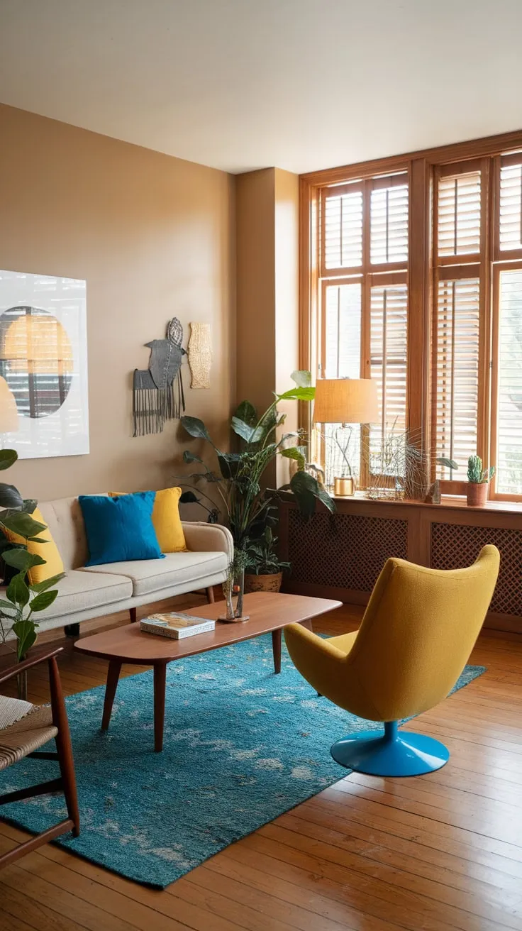 A mid-century modern living room blends beige walls, wooden floors, and pops of blue and yellow for a vibrant boho atmosphere.