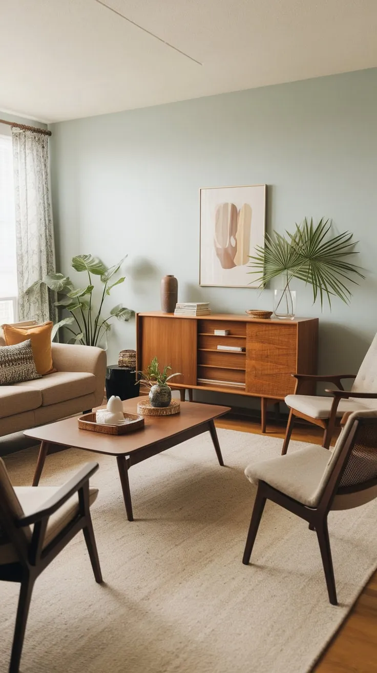 Light blue walls and a beige rug set the stage for a relaxed mid-century modern living room, accented with boho touches and natural wood furniture.