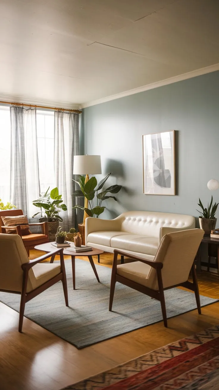 A light-filled mid-century modern living room exudes simple elegance and relaxed sophistication.