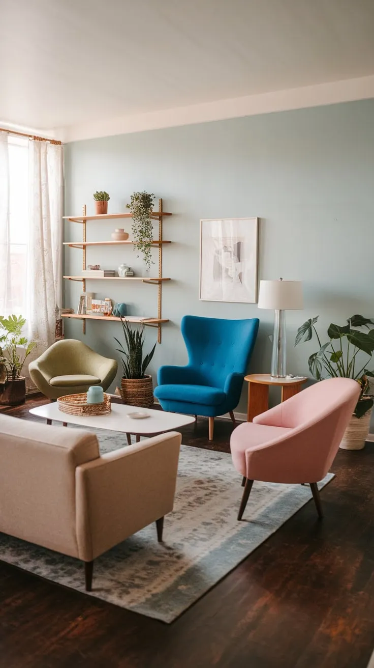 Boho chic meets mid-century modern in a living room featuring a colorful seating arrangement, wooden accents, and lush greenery.