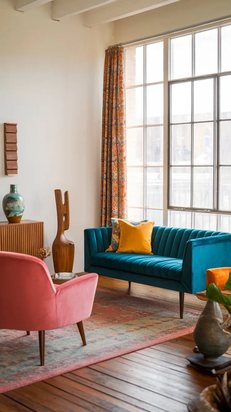 Boho-modern style thrives in this sunlit mid-century living room, showcasing a playful palette of teal, pink, and yellow amidst warm wood tones.