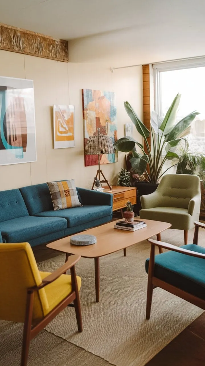 This mid-century modern sanctuary harmonizes vibrant colors and cozy design, showcasing a curated blend of art and furniture that embodies personal expression and comfort.
