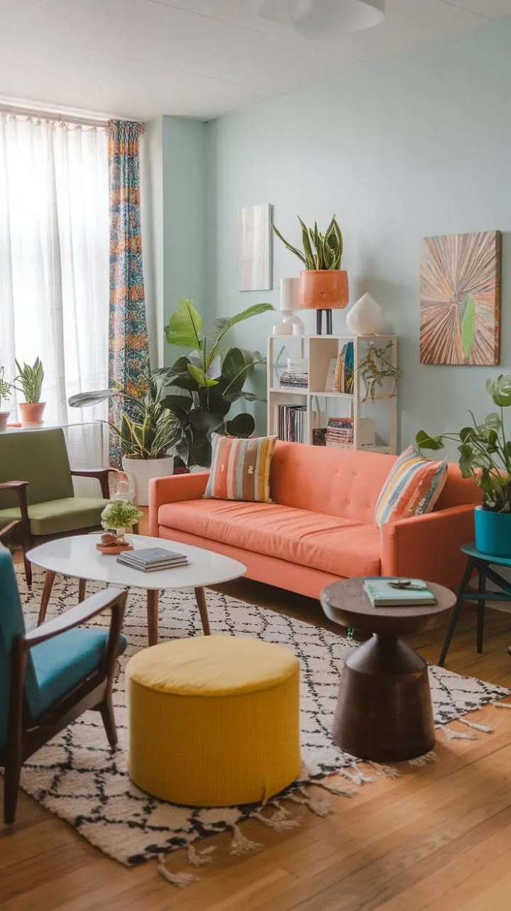 This vibrant boho-modern retreat harmoniously blends serene light blue walls with lively furniture and curated plants, creating a stylish and comfortable oasis.