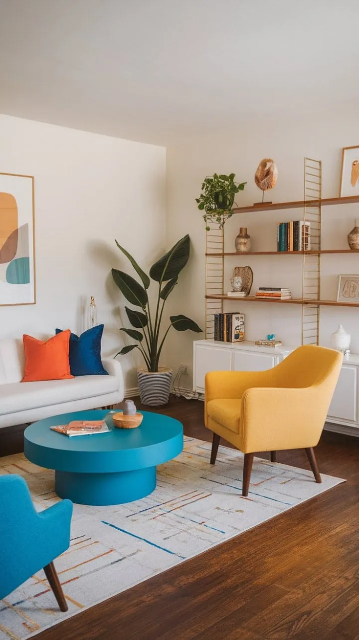 This vibrant boho-modern living room blends mid-century charm with a playful mix of colors and textures, creating a stylish yet cozy retreat.
