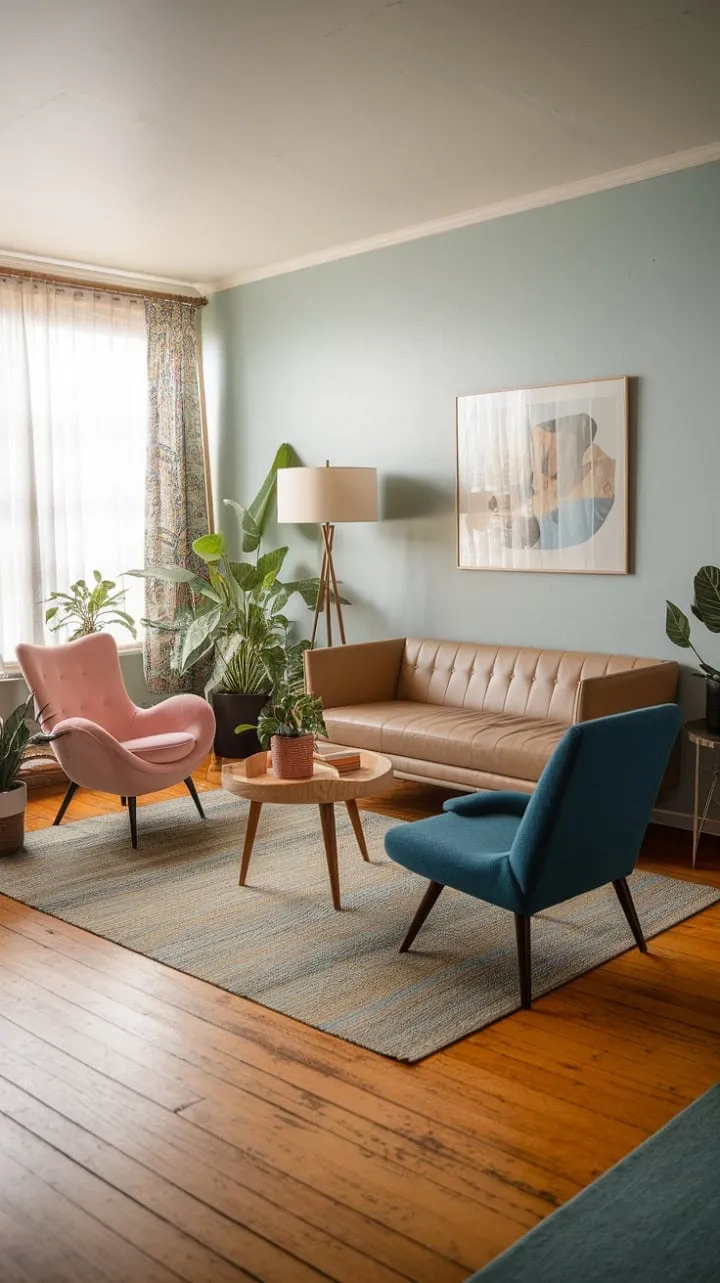 This vibrant living room harmoniously fuses mid-century modern elegance with bohemian flair, featuring serene blue walls, a cozy neutral sofa, and lively accents of color and greenery.