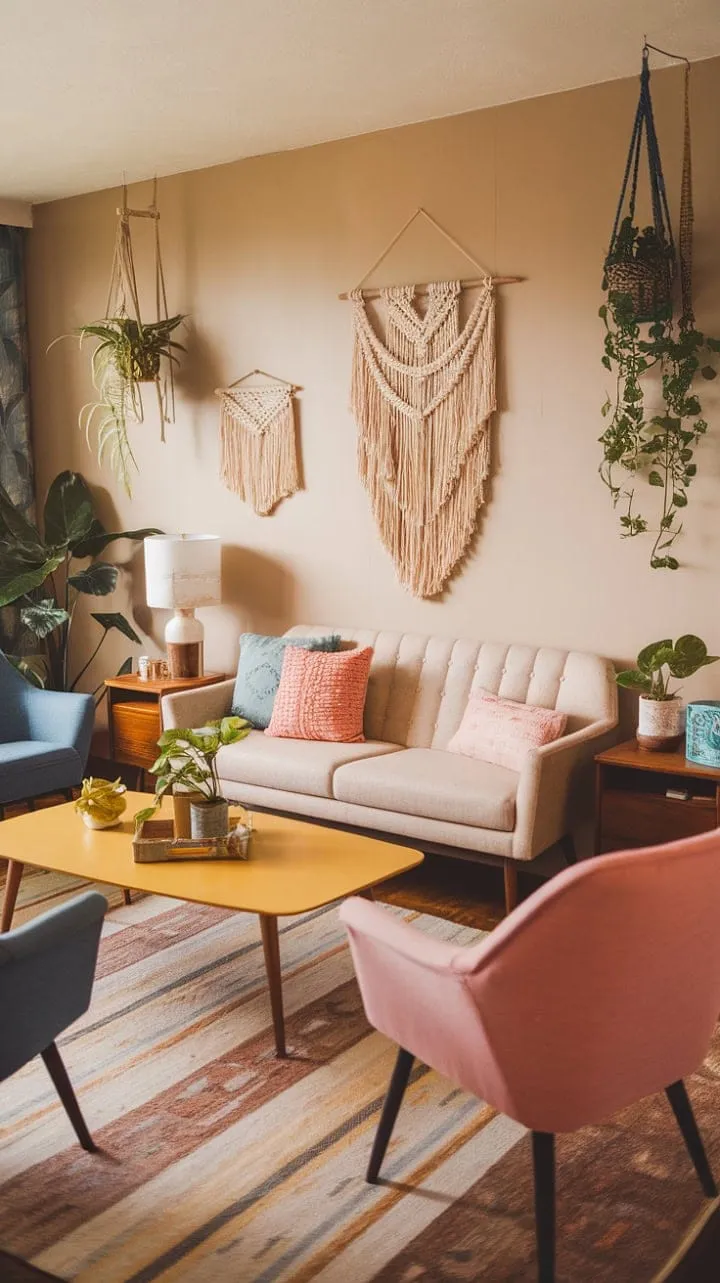 This living room is a captivating haven where boho charm meets mid-century elegance, blending warmth and style in a beautifully curated space.