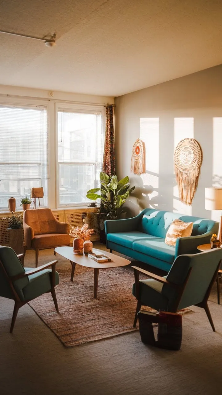 In a sunlit living room where mid-century modern meets boho-chic, a vibrant teal sofa and curated details harmonize to create a stylishly warm oasis of relaxation.