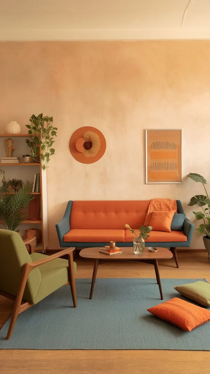 In this sunlit living room, vibrant orange and soothing blue harmonize with textured walls and lively green accents, crafting a stylish yet inviting retreat.