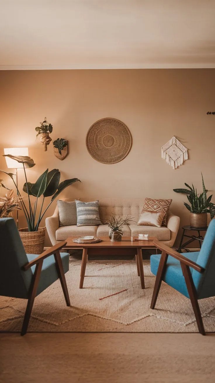Bohemian flair meets mid-century modern design in a warm, beige living room featuring blue accents and natural elements.
