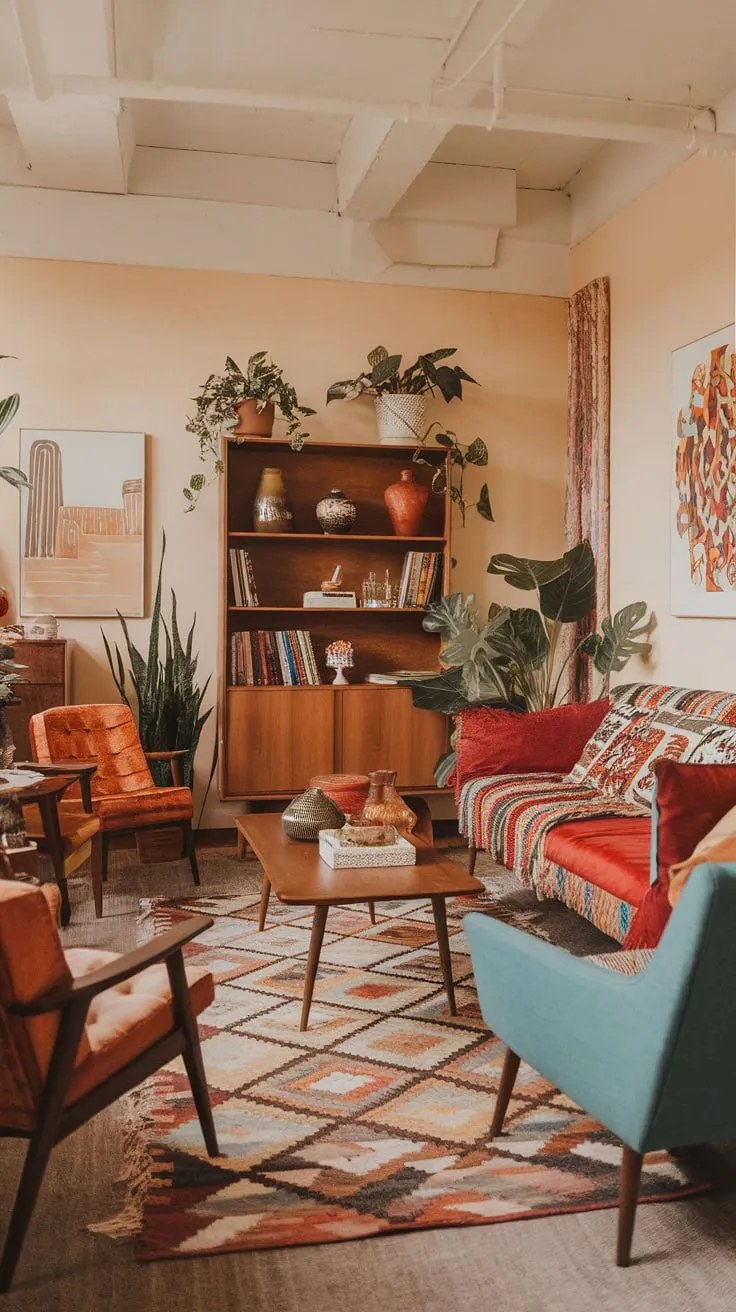 Warm wood, vibrant textiles, and plush comfort define this mid-century modern living room's boho charm