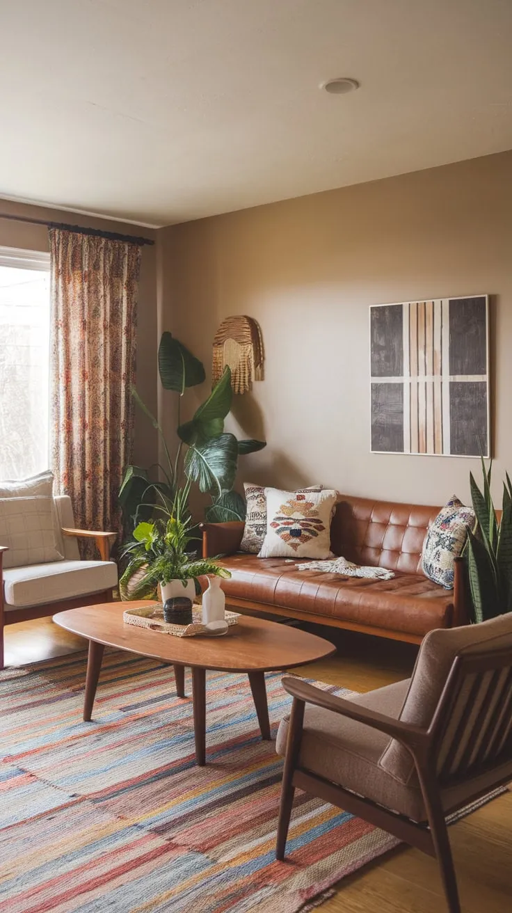 Soft lighting illuminates a vibrant mid-century modern living room, blending boho patterns and natural wood for a relaxed yet stylish atmosphere