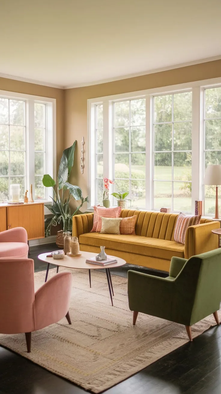 Soft beige walls and a boho touch create a relaxing yet stylish mid-century modern living space.