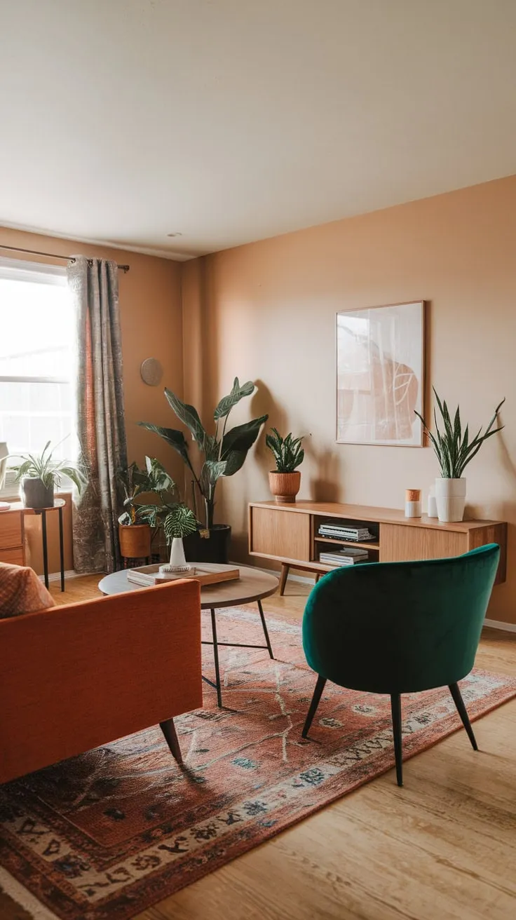 A mid-century modern living room is transformed into a warm and inviting space with a boho-modern twist, featuring rich textures and pops of color.