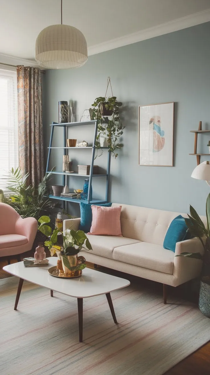 A mid-century modern living room's serene blue backdrop showcases a vibrant boho aesthetic through pops of pink and blue against a neutral palette.