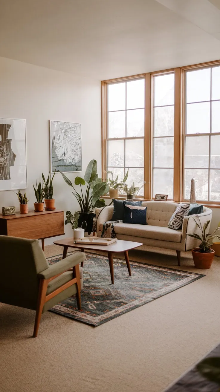 Beige carpet, wooden accents, and pops of blue and green create a relaxed mid-century modern living room with boho flair