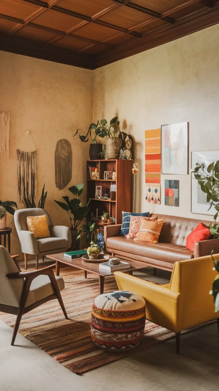 Earthy tones and vibrant pops of color define this mid-century modern living room, its textured walls and wooden ceiling complementing a curated mix of furniture and bohemian accents.