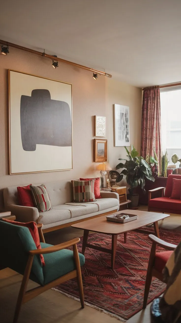 A beige sofa, patterned rug, and wooden coffee table create a cozy mid-century modern living room with a touch of bohemian flair.