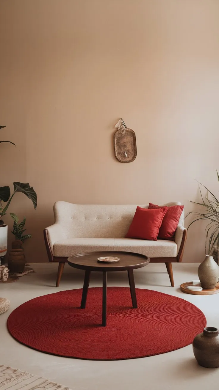 A mid-century modern living room blends earthy tones and pops of red for a warm, bohemian atmosphere.