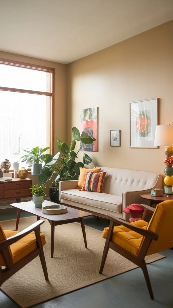 Warm beige tones and pops of color create a cozy, inviting mid-century modern living room filled with natural light and stylish furniture.