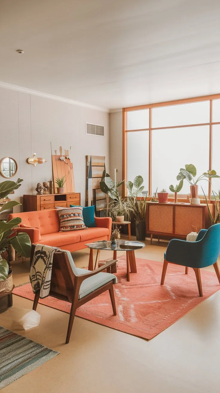 Warm hues and eclectic textures blend in a mid-century modern living room, creating a vibrant boho-chic haven.