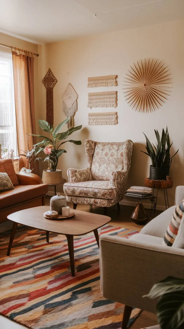 A mid-century modern living room radiates cozy sophistication with its colorful rug, patterned furniture, and lush greenery.