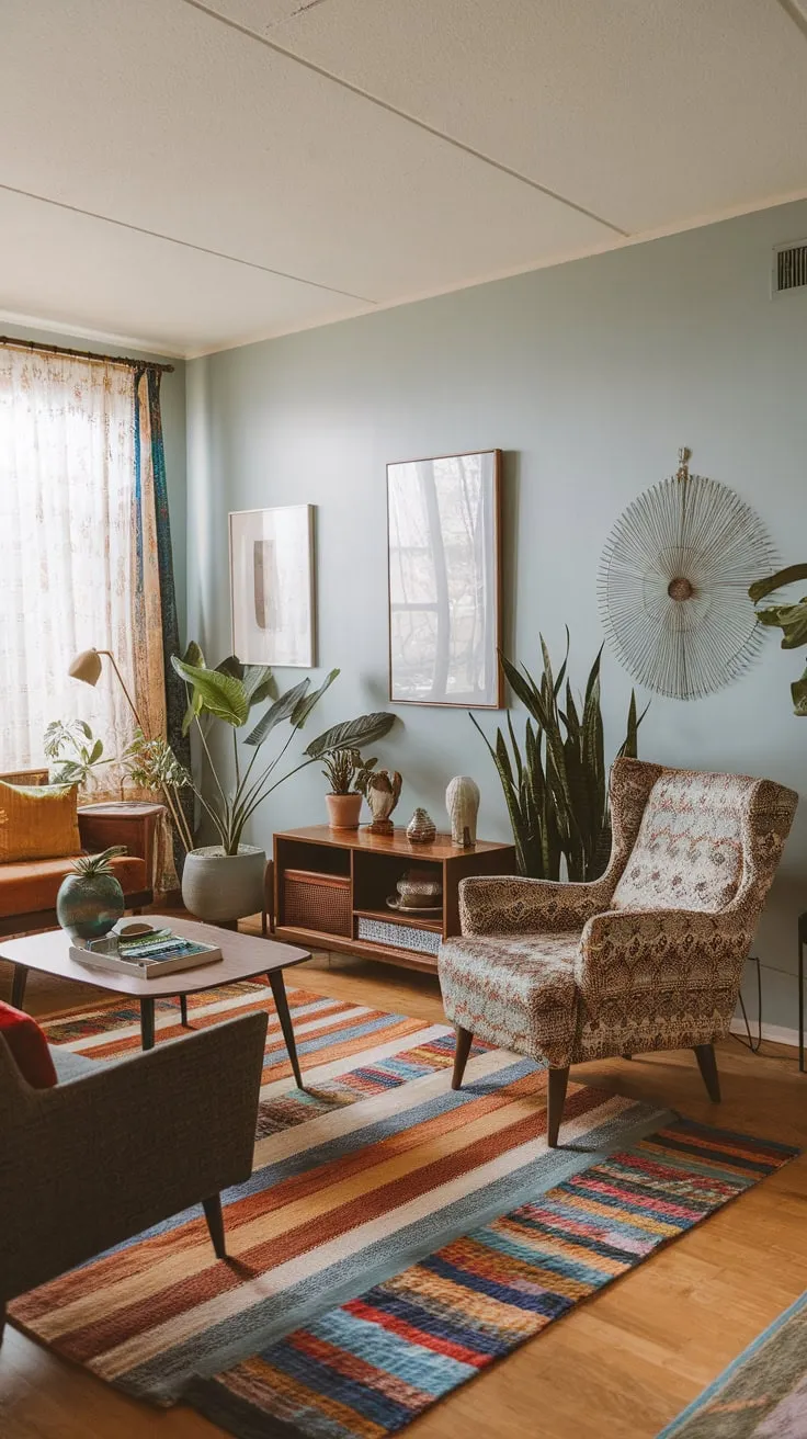 A boho-infused mid-century modern living room bursts with color and pattern, showcasing a relaxed yet stylish atmosphere.