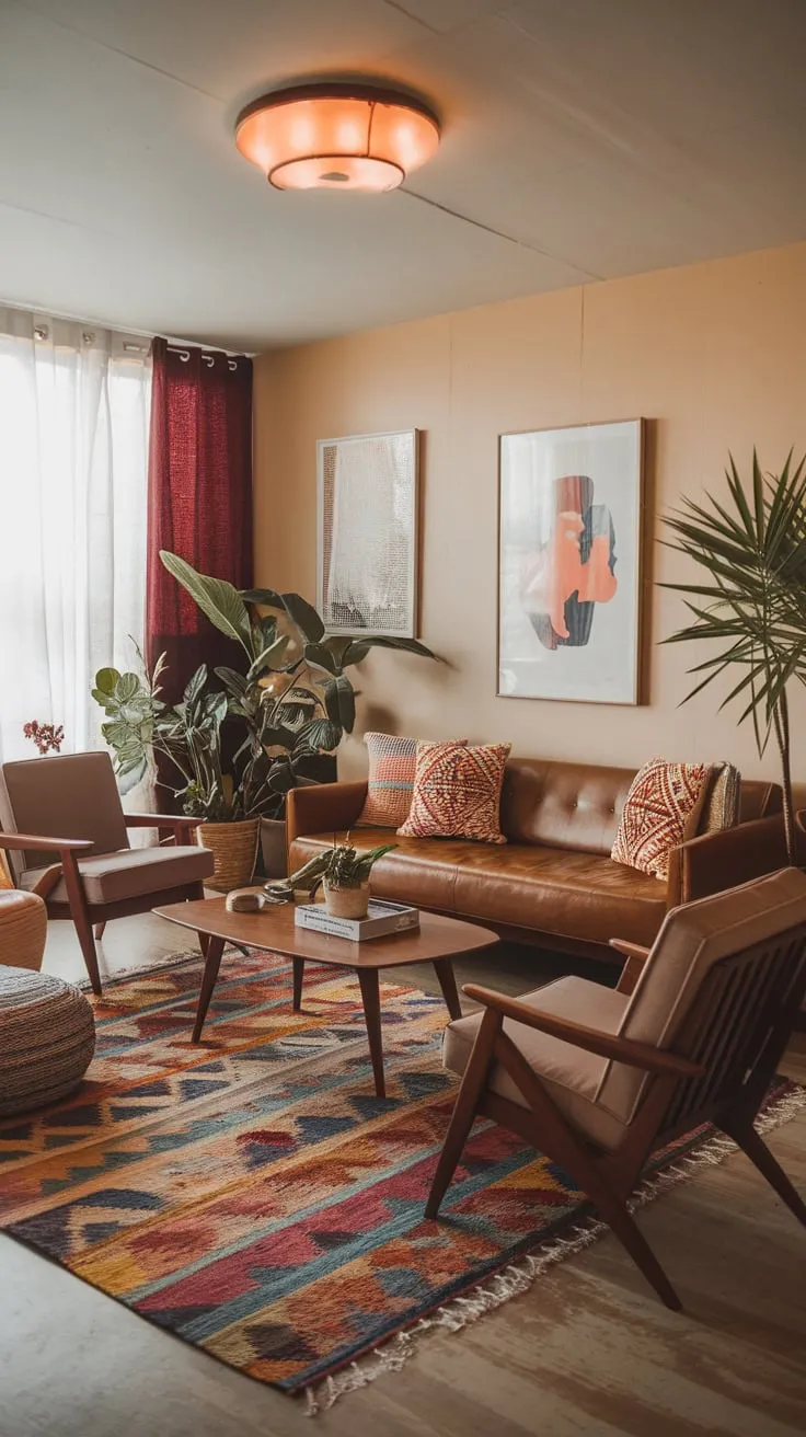 Warm lighting illuminates a vibrant mid-century modern living room, its boho flair evident in colorful rugs, patterned cushions, and lush greenery.