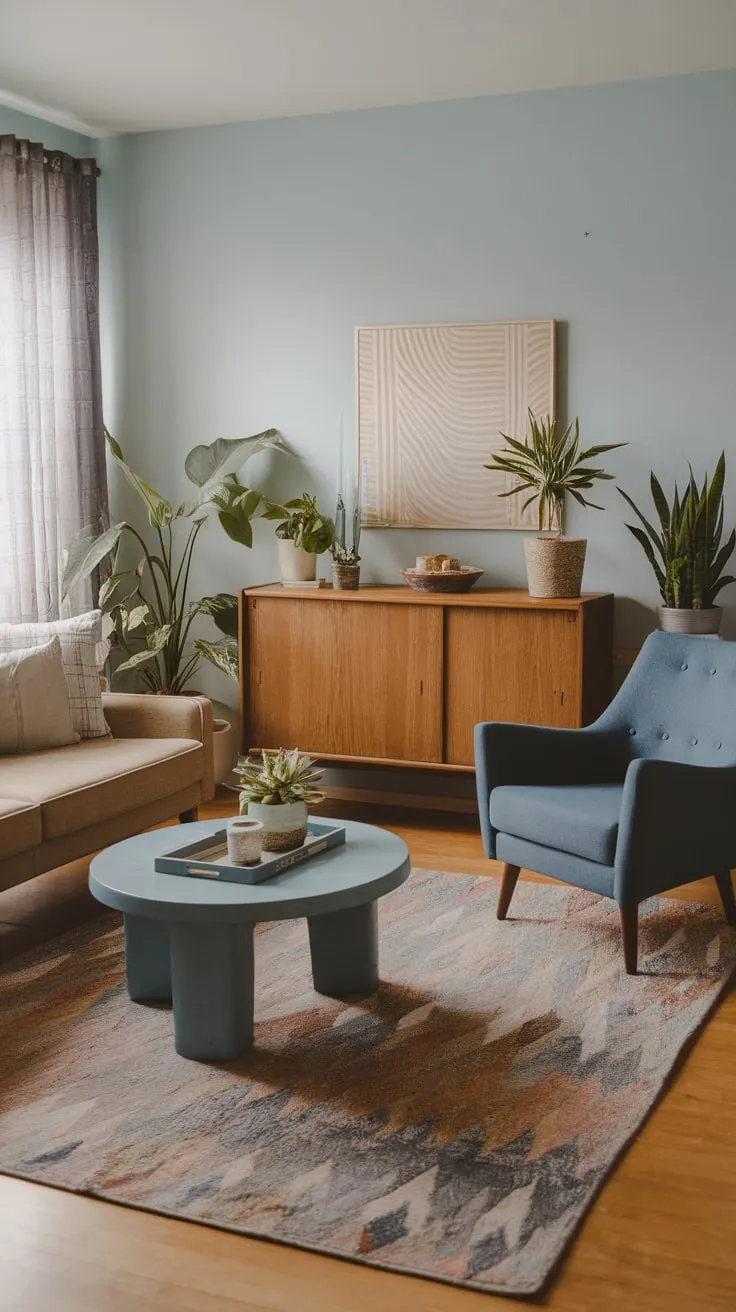 Light blue walls and a beige sofa anchor a mid-century modern living room infused with boho charm through pops of blue and natural elements.