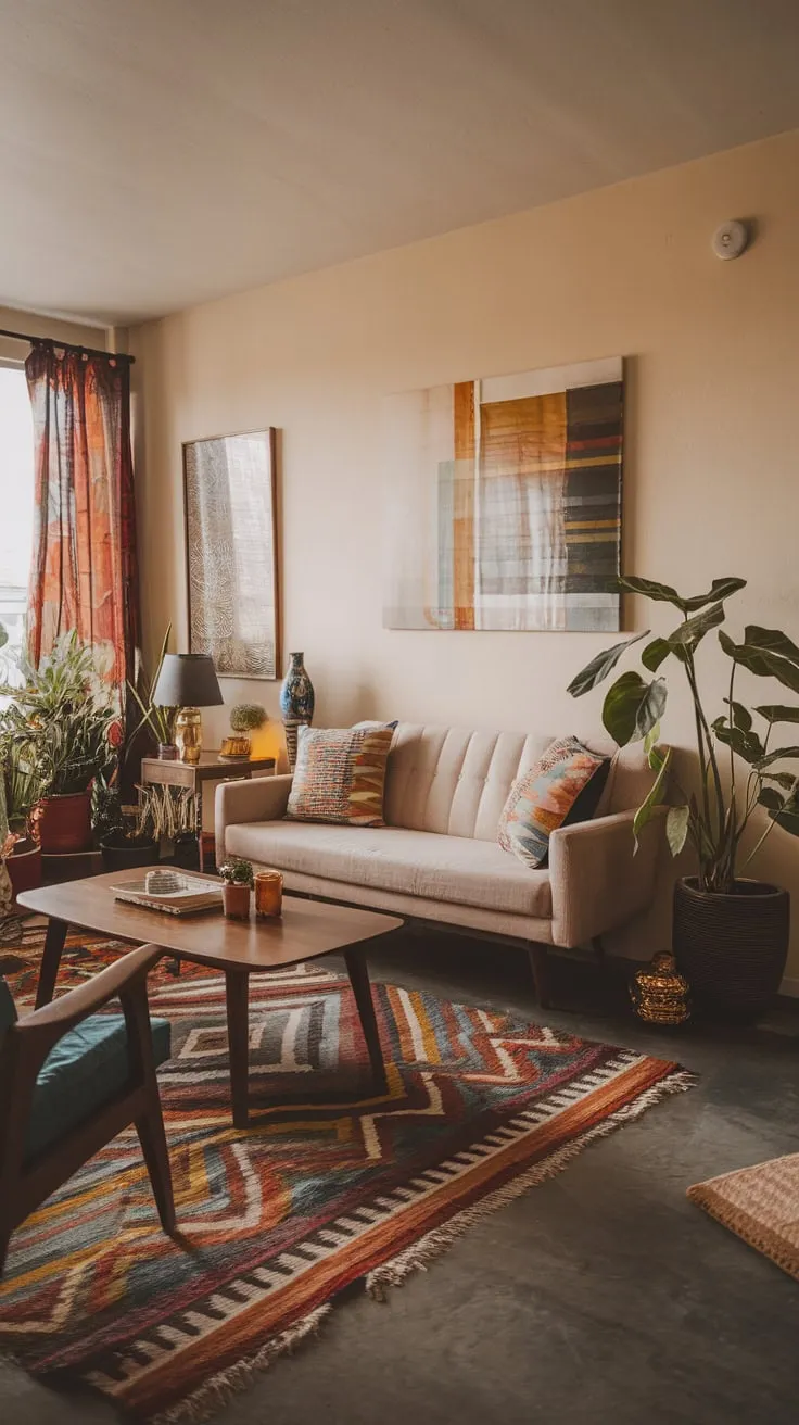 Warm beige tones and pops of color create a vibrant mid-century modern living room with a relaxed boho vibe.