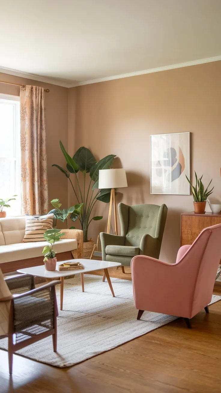 Soft beige walls and pops of color define this mid-century modern living room, blending boho style with natural elements.