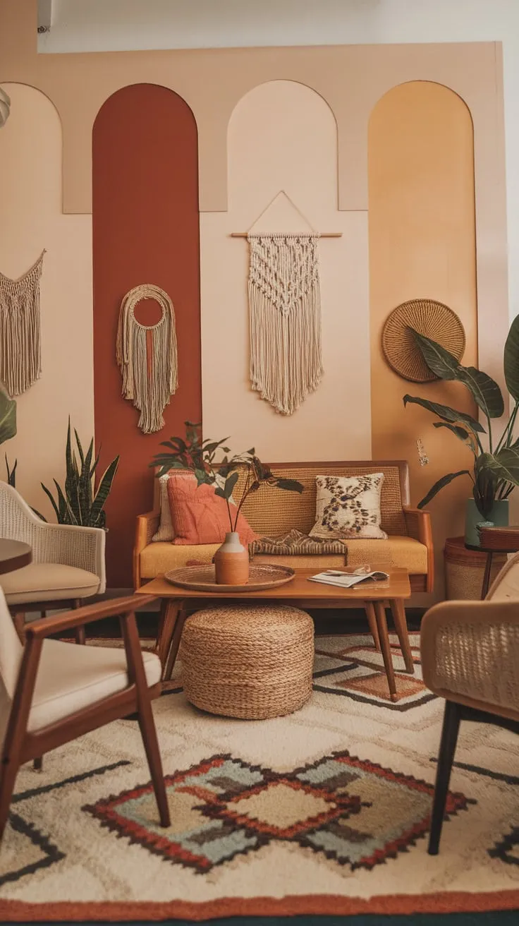 A mid-century modern living room blends earthy tones and woven textures for a welcoming, boho-chic atmosphere.