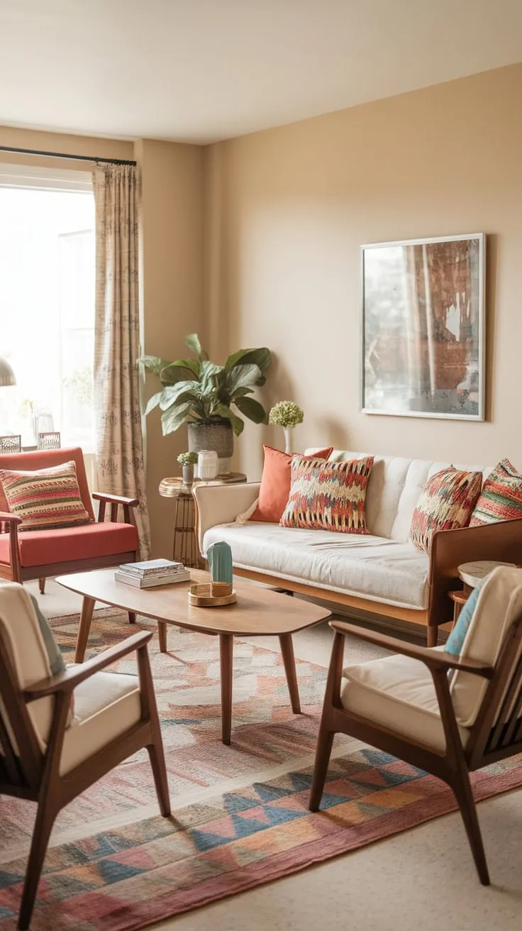 A mid-century modern living room blends earthy tones and vibrant patterns for a relaxed, inviting atmosphere.