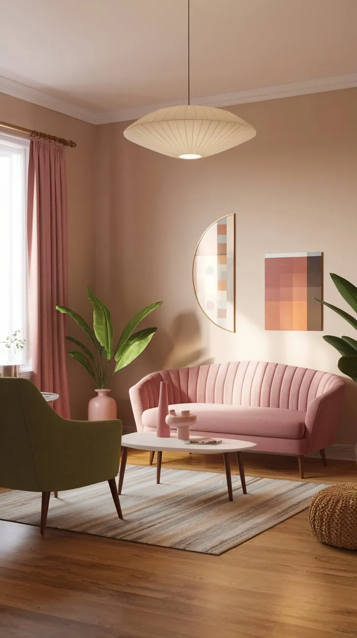 A plush pink sofa and green armchair create a vibrant boho-chic atmosphere in this mid-century modern living room, accented by a white coffee table and pops of color.