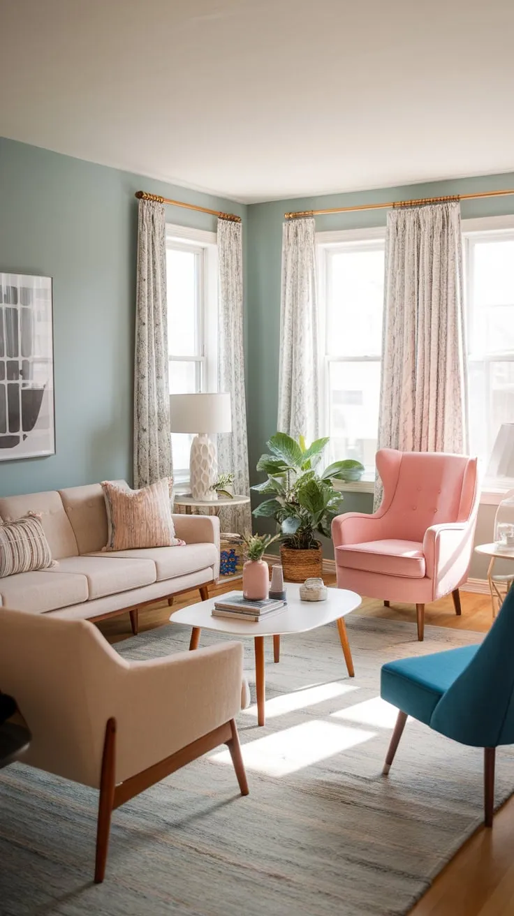 Sun-drenched mid-century modern living room blends beige, pink, and blue furniture with boho-chic accents for a cozy atmosphere
